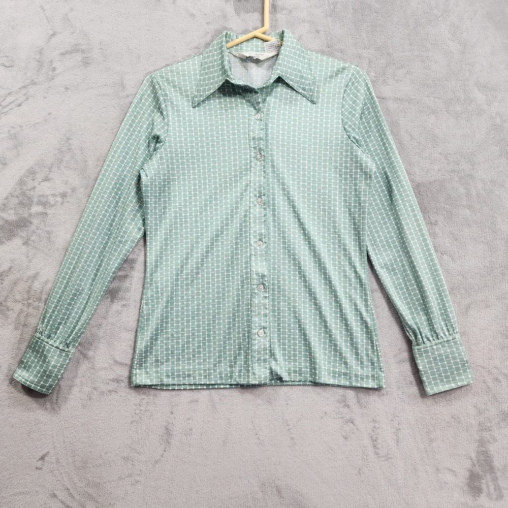 Vintage 70s Hooper Associates Top Womens S Green Geometric Button Front Disco